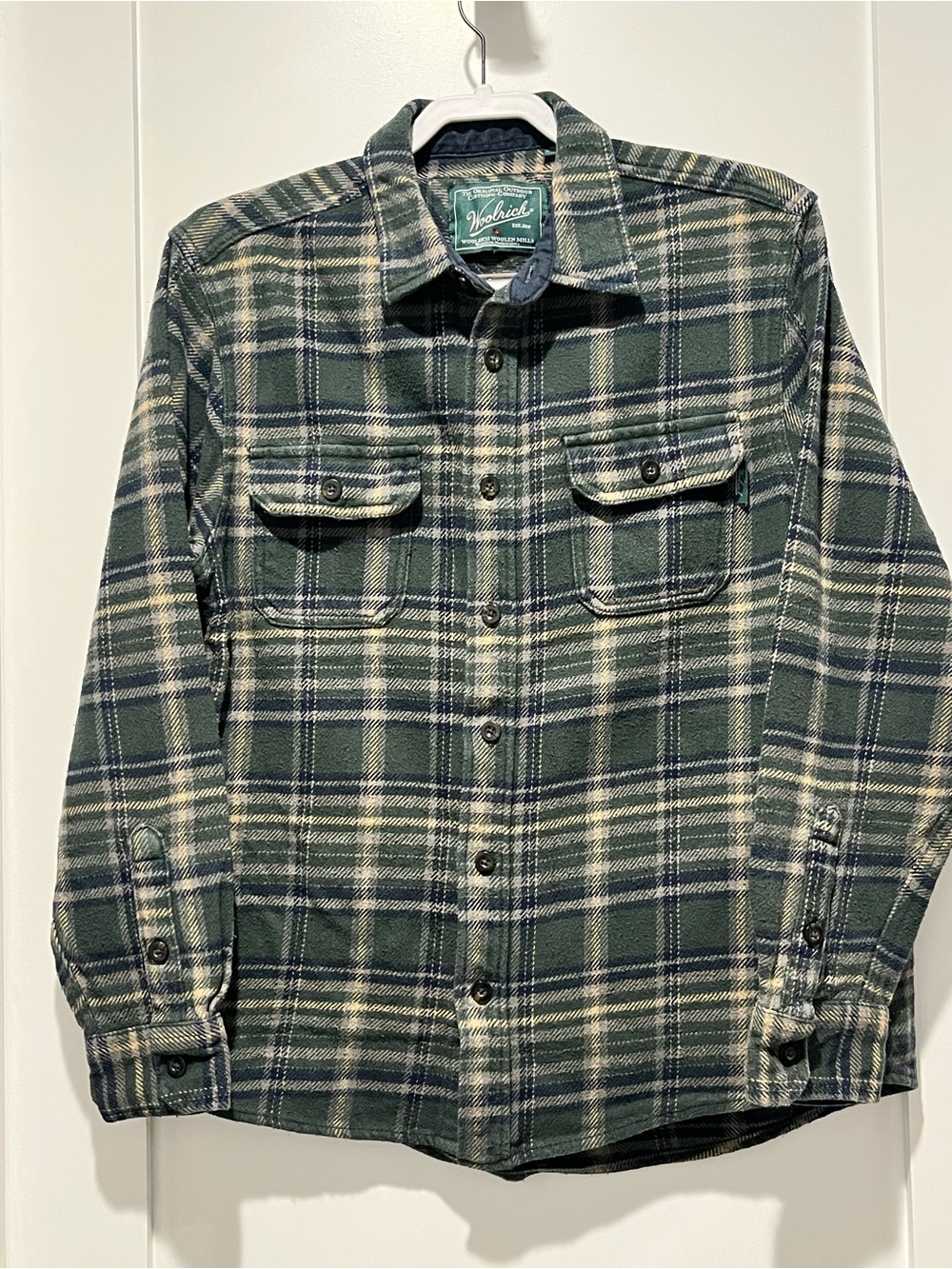 Woolrich Men's Green and Cream Plaid Shirt